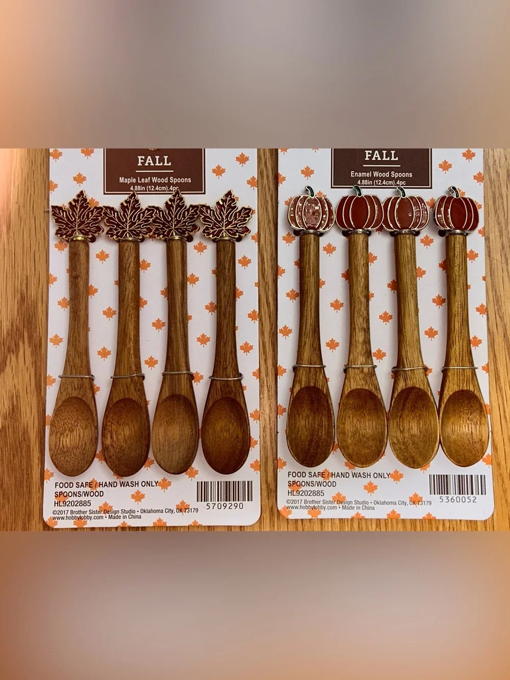 Fall Enamel-Topped Wooden Spoons - Pumpkin & Maple Leaf Designs, Brown